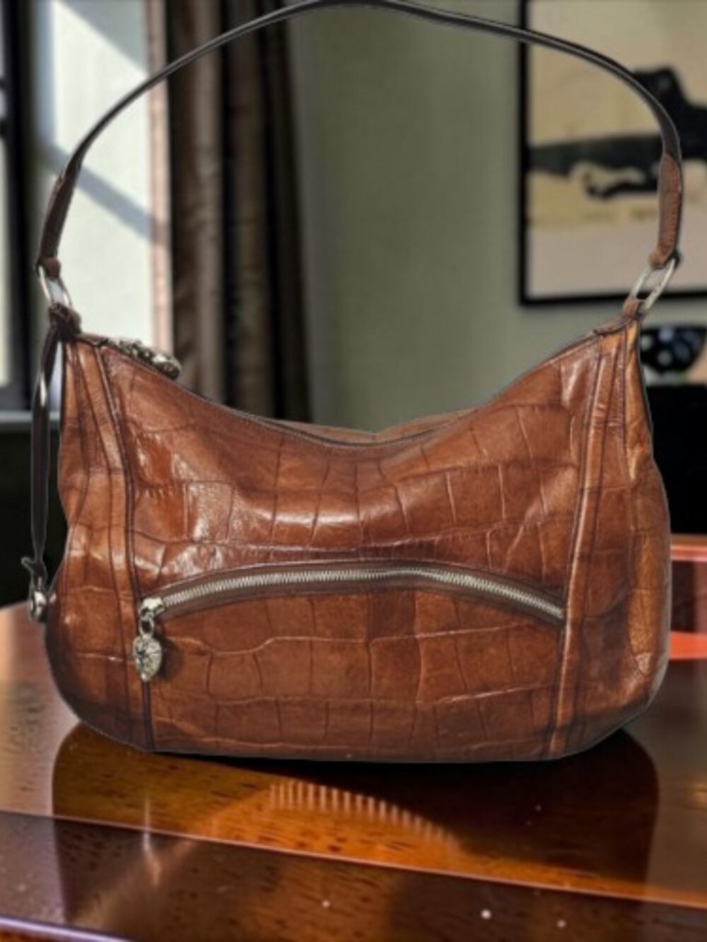 BRIGHTON Brown Croc Embossed Leather Hobo Slouchy Vintage Shoulder Bag Top Zip